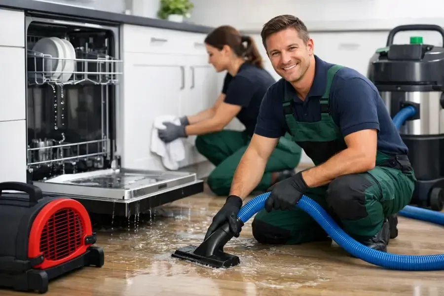 Two technicians working extraction tools across a kitchen floor beside an open dishwasher