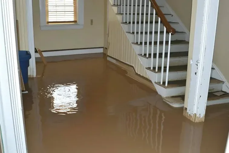 Muddy standing water in a hallway at the bottom of a staircase, waiting for extraction