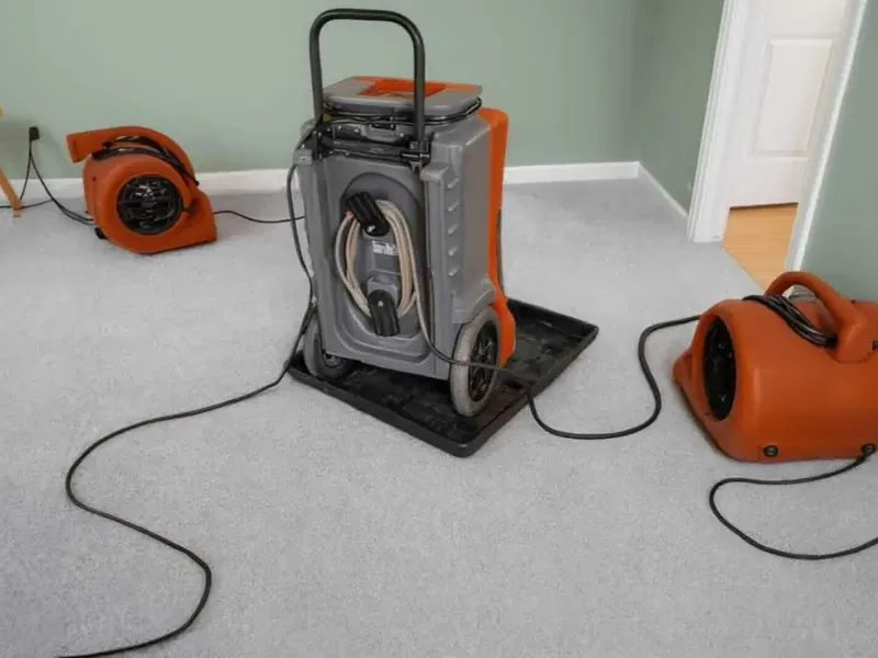 Air movers and a dehumidifier working on damp carpet after a household leak