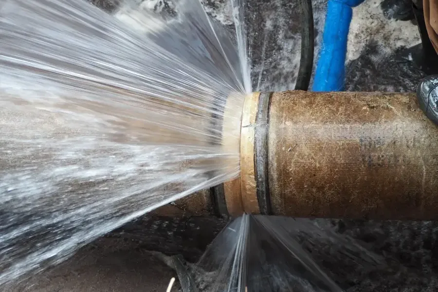 Water spraying out of a split supply pipe