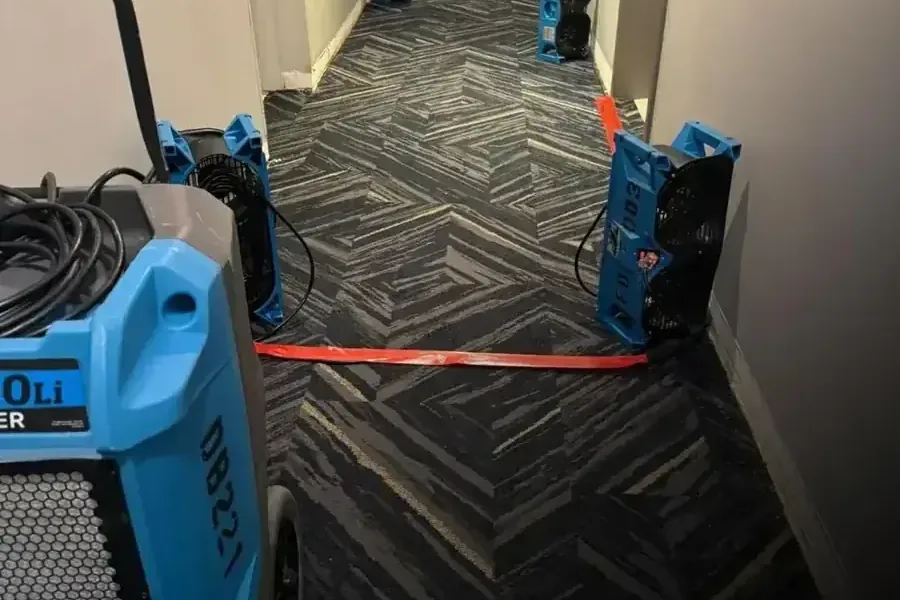 Row of air movers and a dehumidifier along a commercial hallway during drying