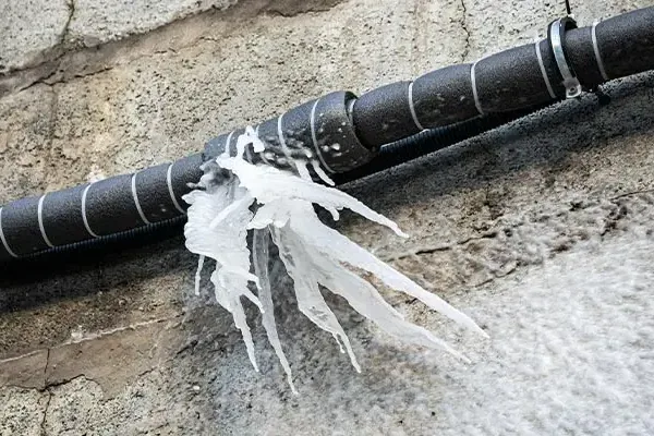 Split supply pipe spraying water and ice during a hard freeze