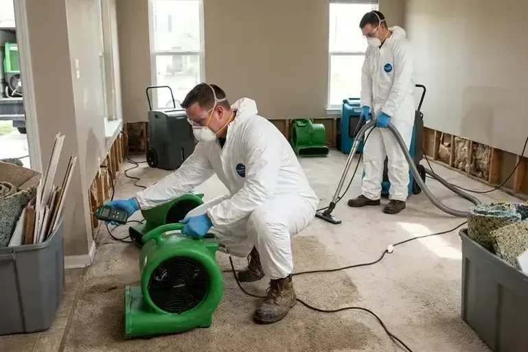 Crew in protective suits and respirators placing air movers in a gutted room