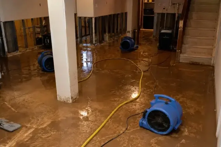 Muddy water on a finished basement floor with an air mover set up to dry it