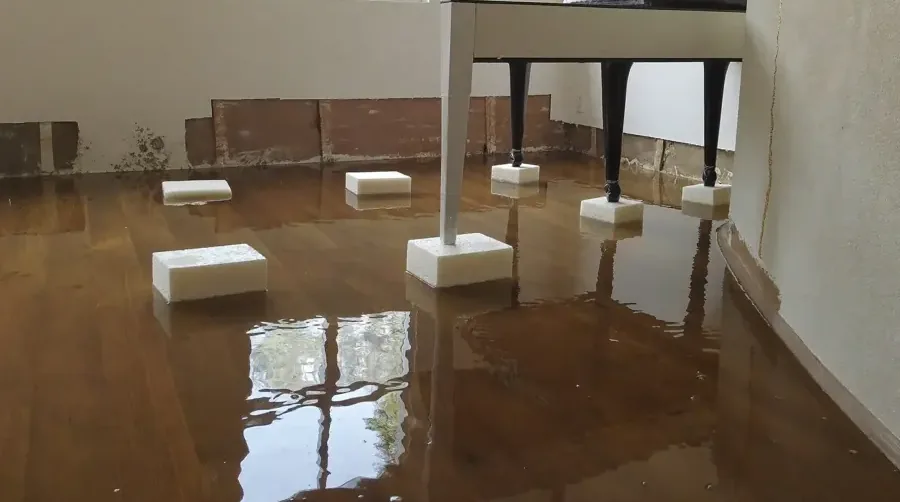 Standing water spread across a hardwood floor, furniture legs raised on foam blocks