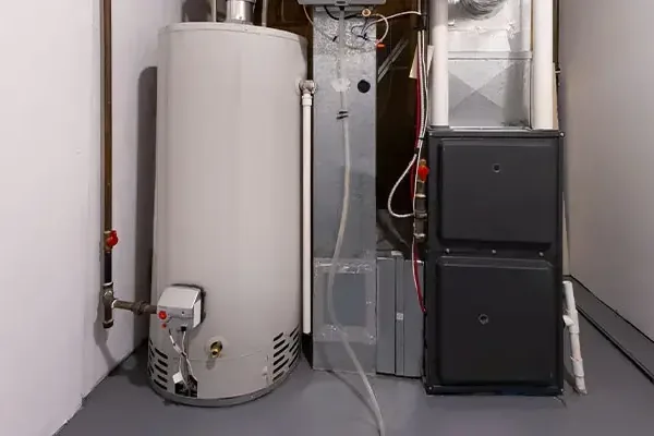 Water heater standing next to a furnace in a utility room